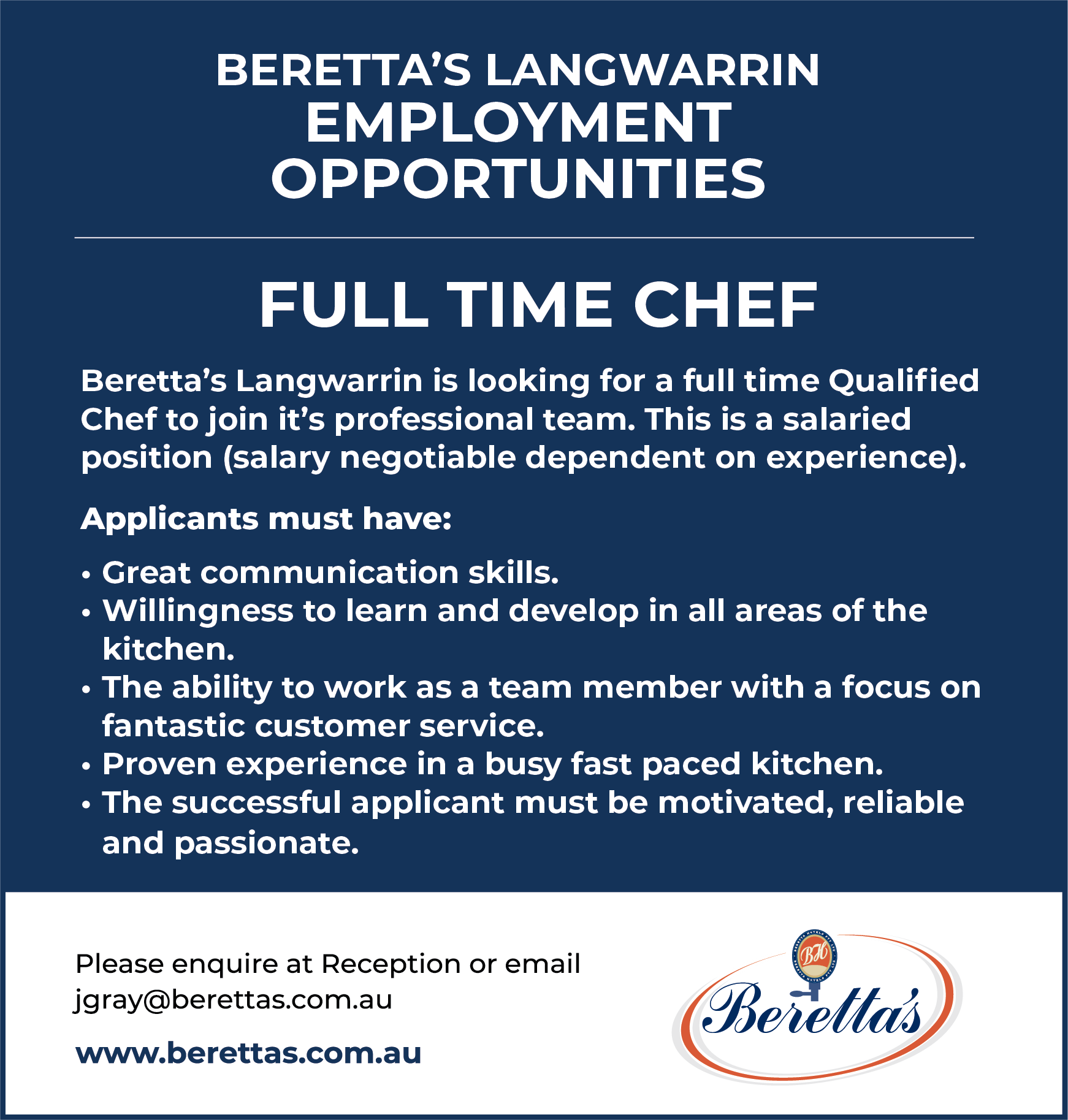 Beretta's Staff Wanted_Experienced Chef